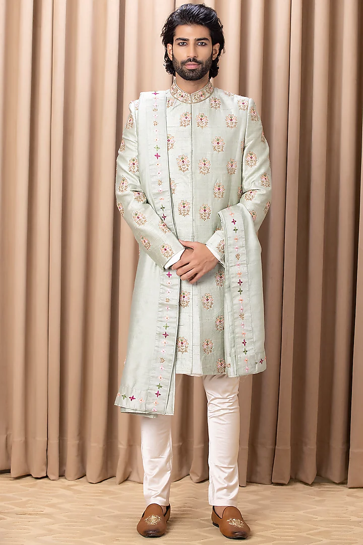 Mint Green Embroidered Sherwani Set