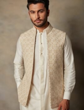 Beige & Cream Embroidered Bundi Jacket With Kurta Set