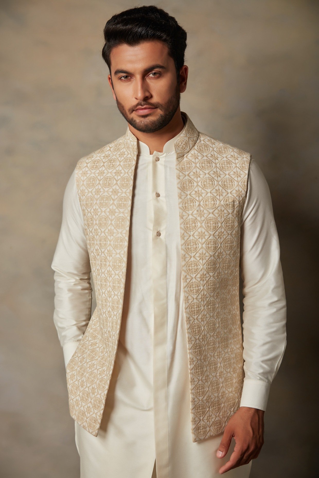 Beige & Cream Embroidered Bundi Jacket With Kurta Set