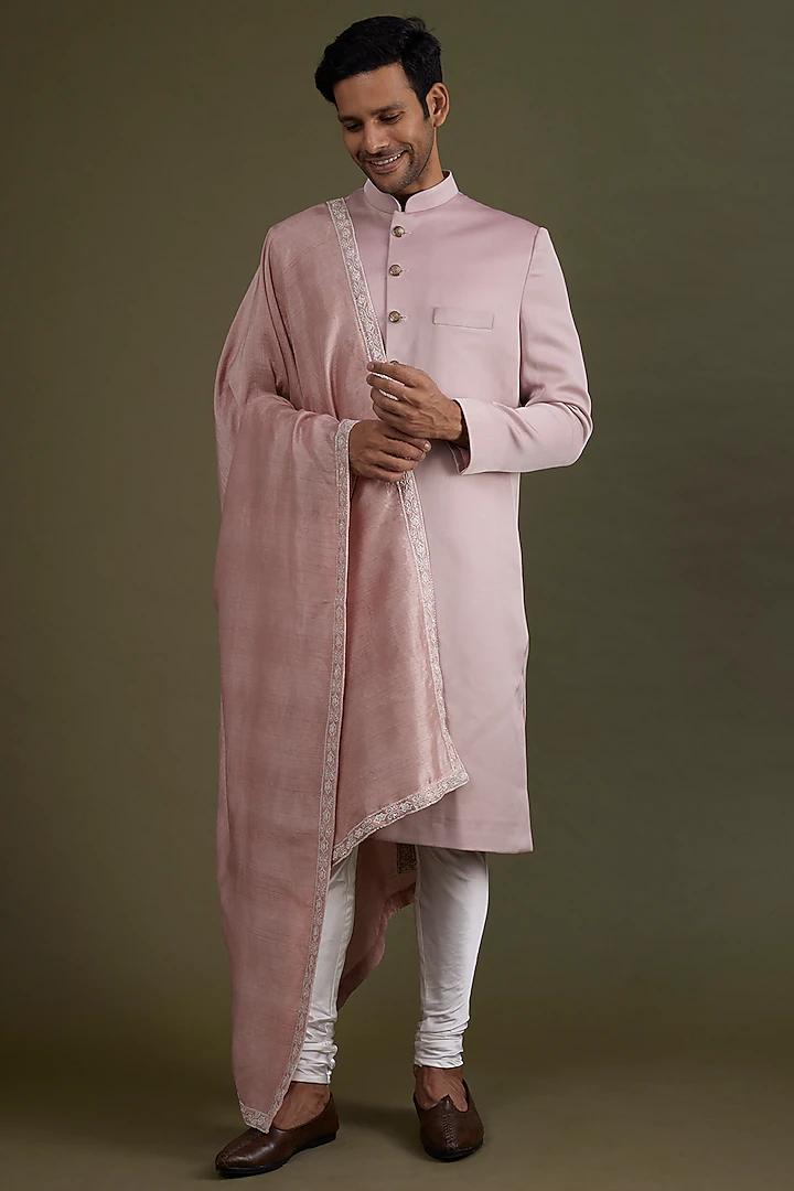 English Pink Scuba Satin Sherwani Set