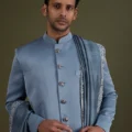 Steel Blue Scuba Satin Sherwani Set