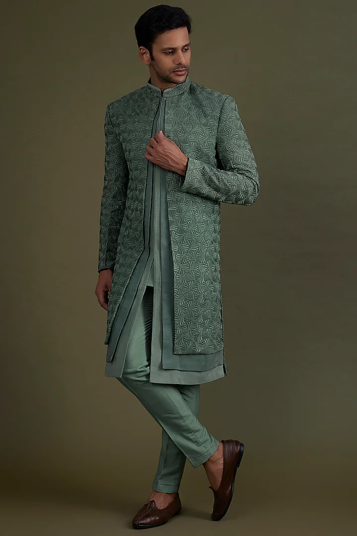 Jade Green Embroidered Sherwani Set