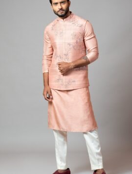 Onion Pink Embroidered Nehru Jacket With Kurta Set