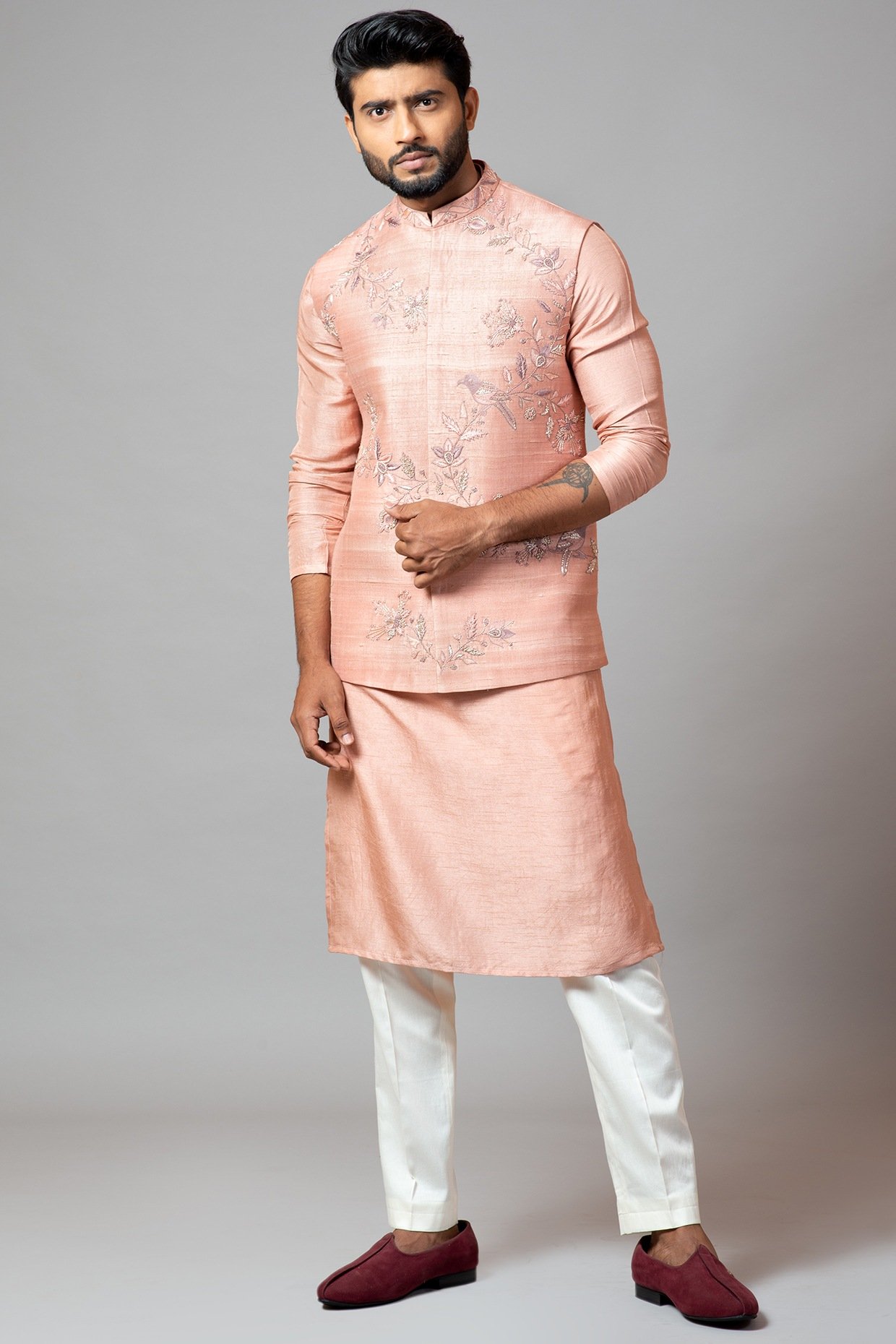 Onion Pink Embroidered Nehru Jacket With Kurta Set