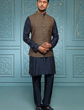 Teal Silk Kurta Set With Bundi Jacket