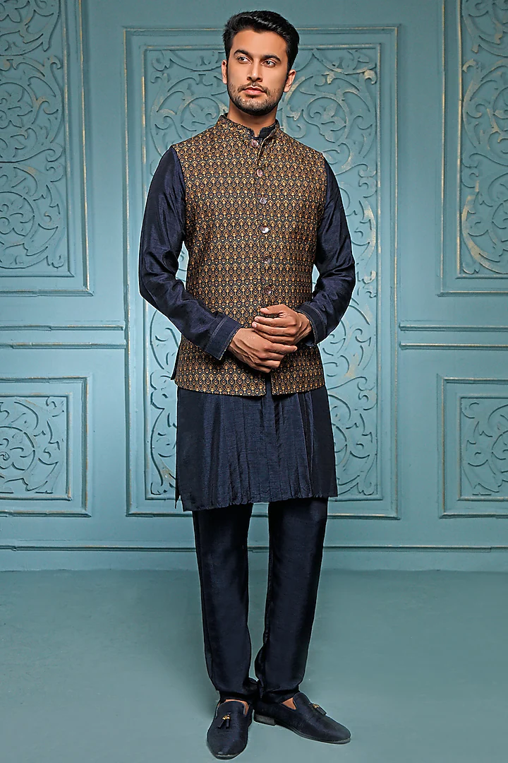 Teal Silk Kurta Set With Bundi Jacket