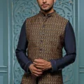 Teal Silk Kurta Set With Bundi Jacket