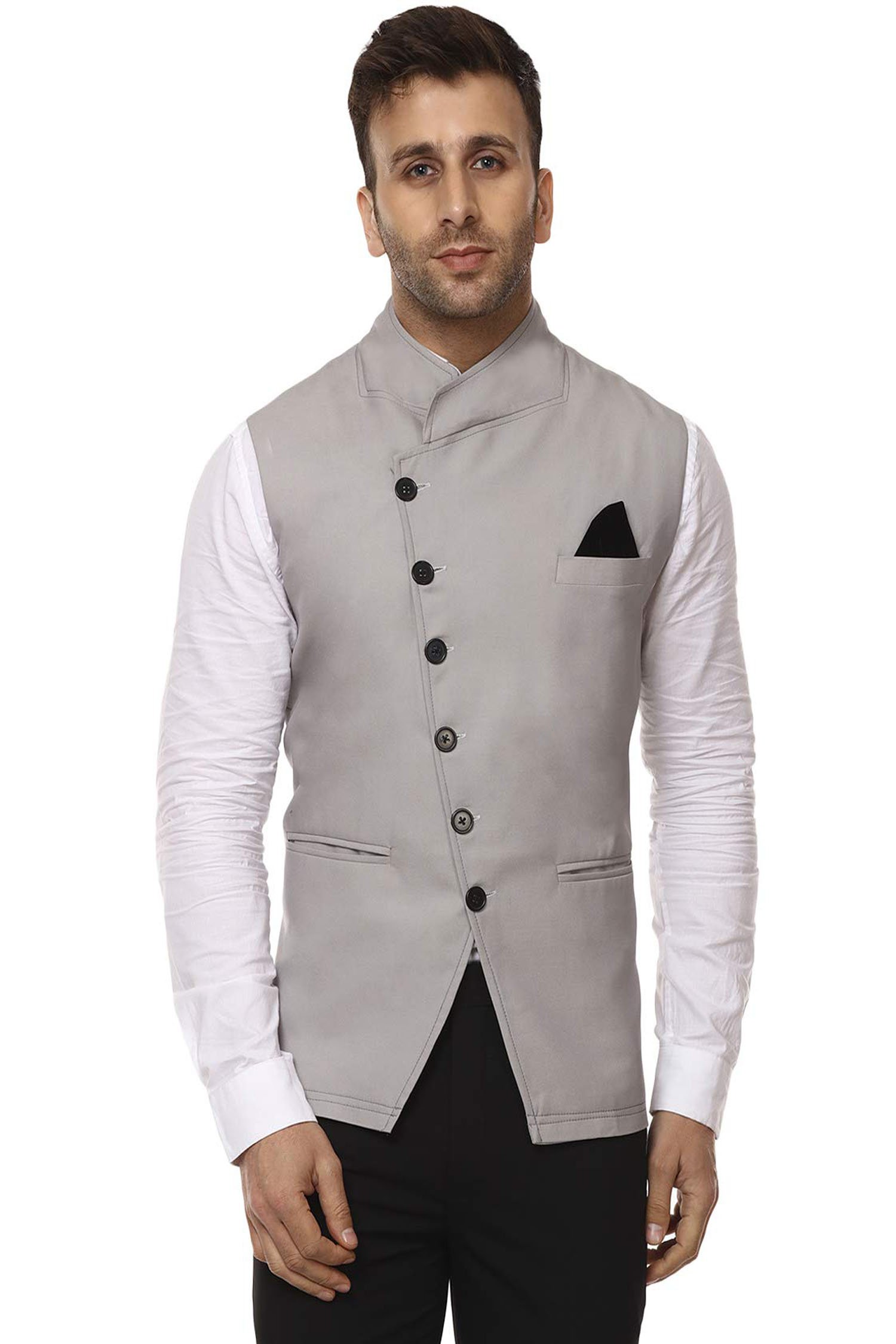 plain Chinese Collar Sleeveless Cotton Poly Nehru Jacket