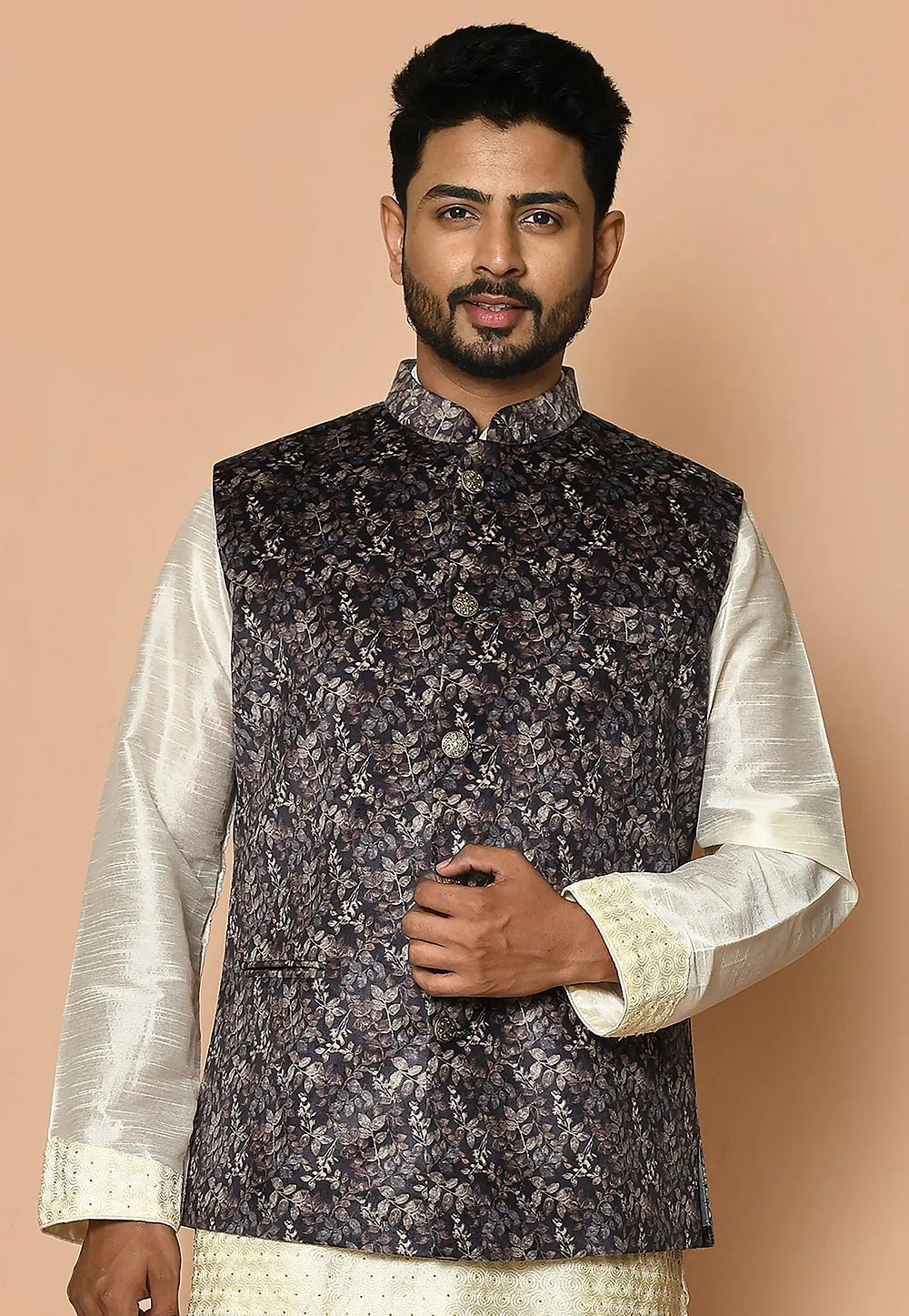 Digital Printed Velvet Nehru Jacket in Grey