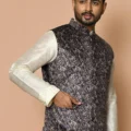 Digital Printed Velvet Nehru Jacket in Grey