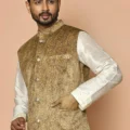 Digital Printed Velvet Nehru Jacket in Mustard