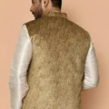 Digital Printed Velvet Nehru Jacket in Mustard