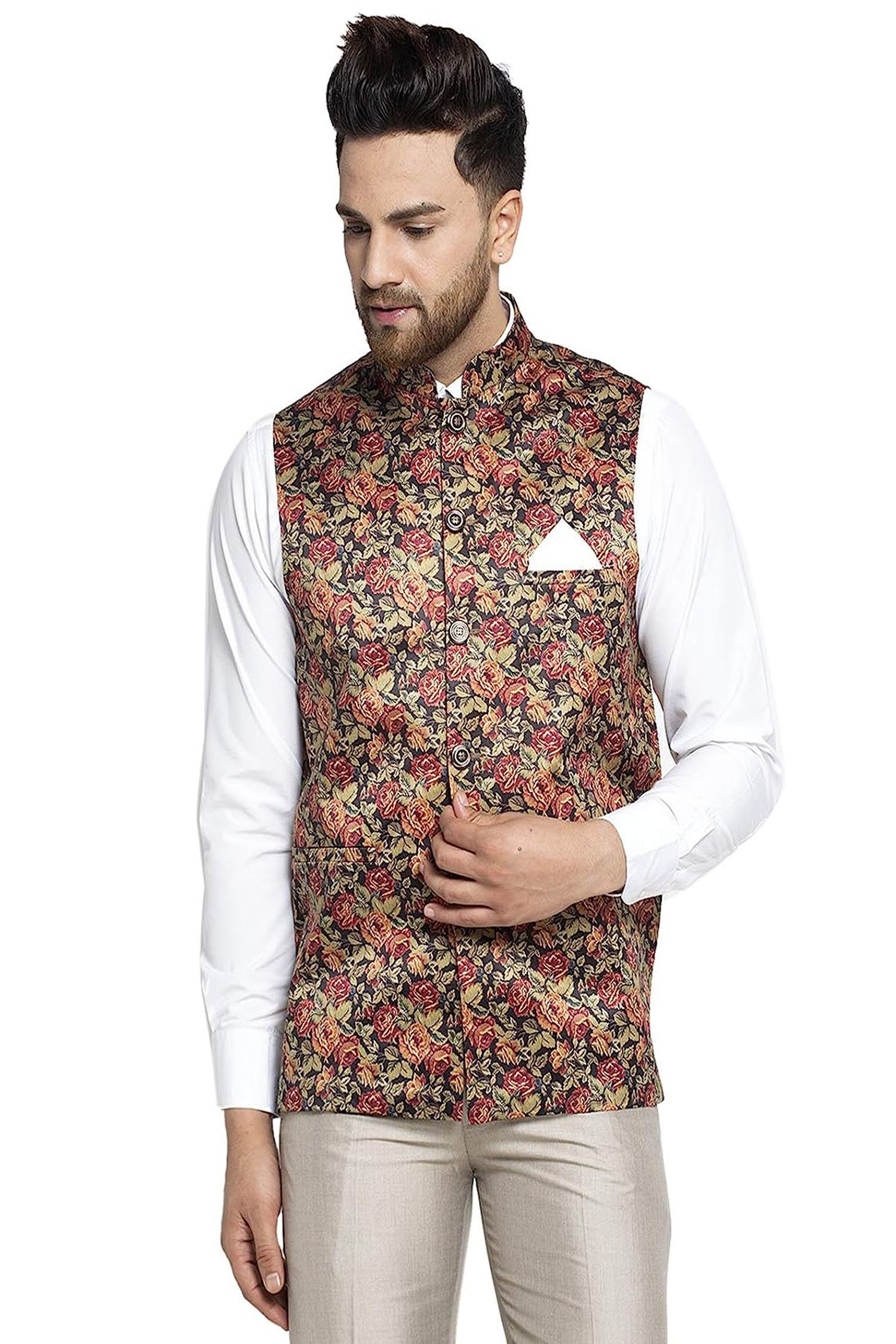 Men Floral Digitally Printed Nehru Jacket.