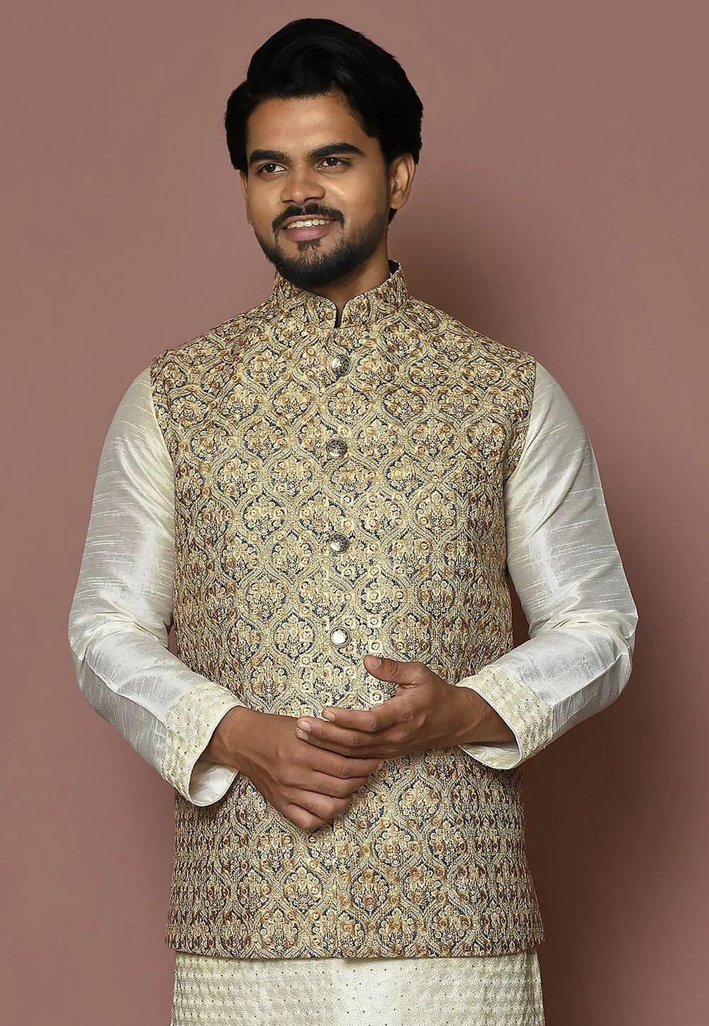 Embroidered Cotton Nehru Jacket in Beige and Blue