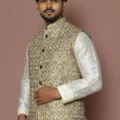 Embroidered Cotton Nehru Jacket in Beige and Blue