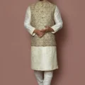 Embroidered Cotton Nehru Jacket in Beige and Blue