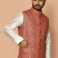 Embroidered Cotton Nehru Jacket in Red