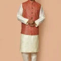 Embroidered Cotton Nehru Jacket in Red