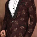 Golden Printed Polyester Lycra Tuxedo in Black and Maroon