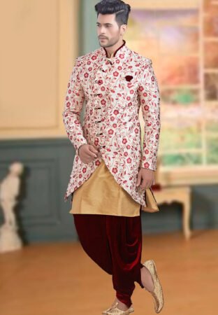 Plain Brocade Jodhpuri Suit in Off White