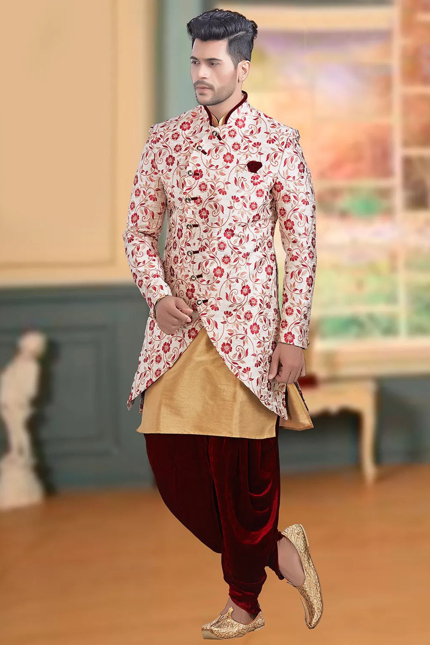 Plain Brocade Jodhpuri Suit in Off White