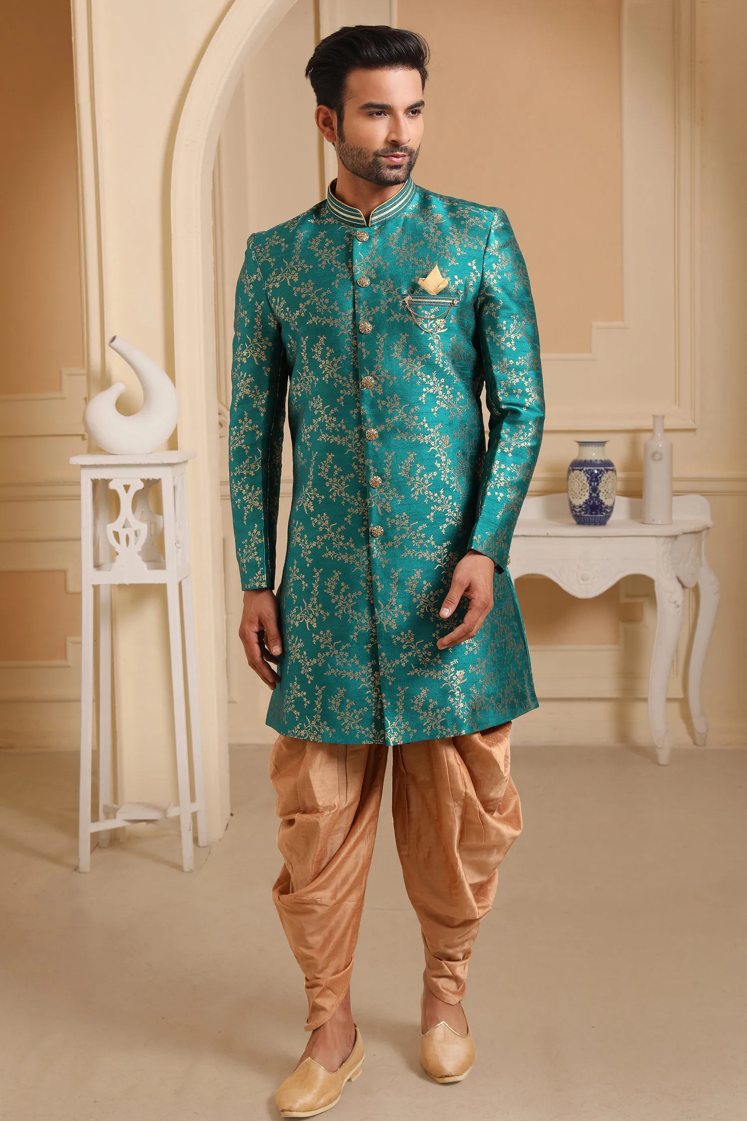 Green Brocade Jacquard Silk Sherwani