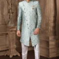 Light Blue Brocade Jacquard Silk Indo Western Sherwani