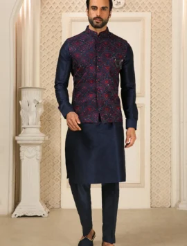 Blue Banarasi Art Silk Kurta Pajama with Jacket