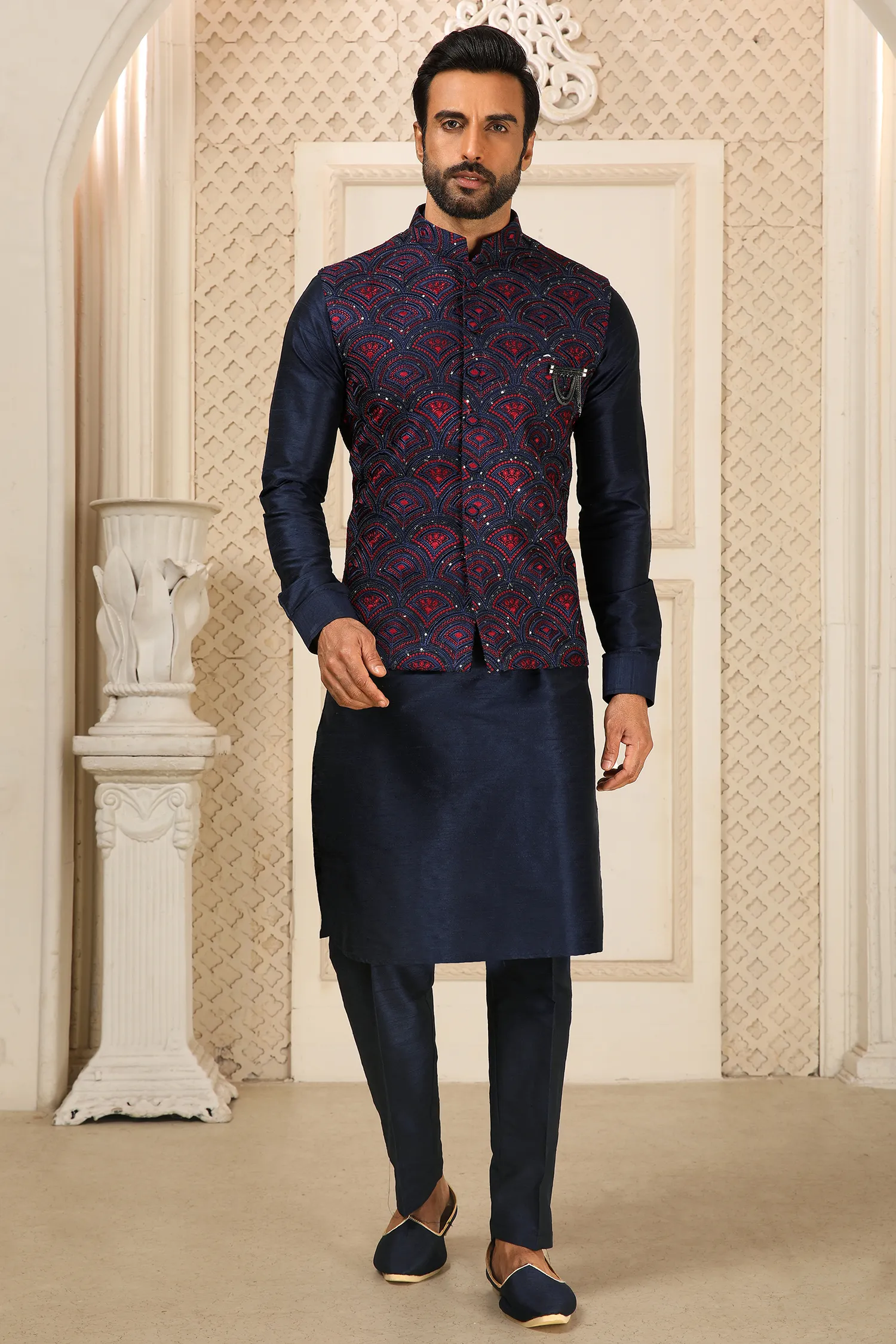 Blue Banarasi Art Silk Kurta Pajama with Jacket