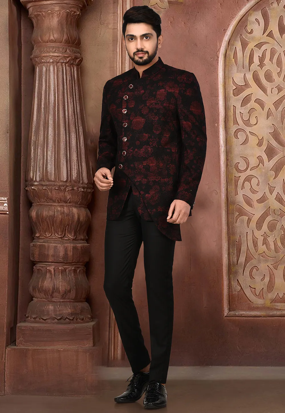 Printed Acrylic Cotton Suit Set in Maroon and Black