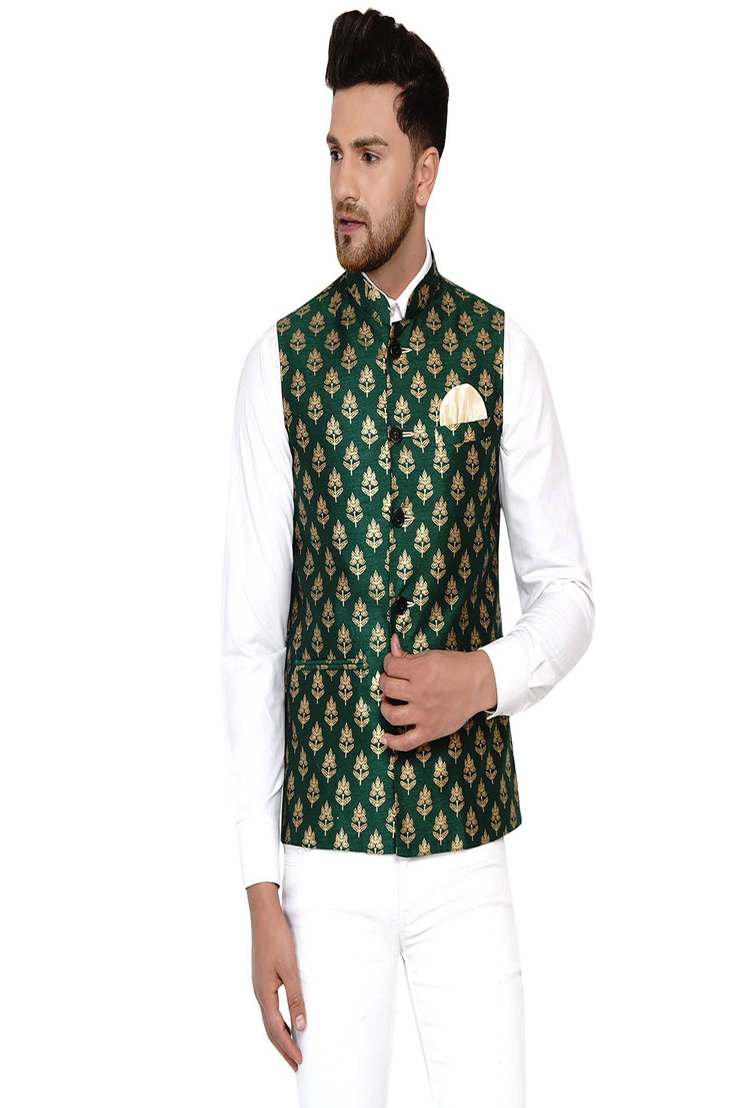 Men’s Banarasi Printed Nehru Jacket (Green)