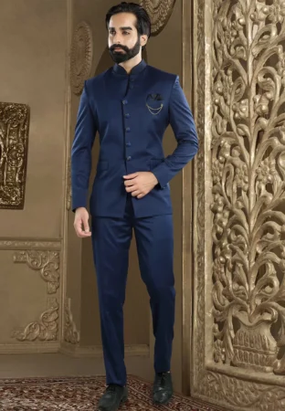 Solid Color Terry Rayon Jodhpuri Suit in Navy Blue