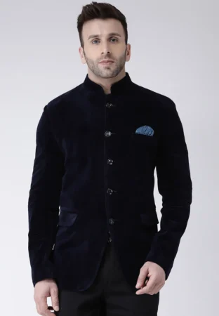 Solid Color Velvet Jodhpuri Jacket in Navy Blue