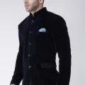 Solid Color Velvet Jodhpuri Jacket in Navy Blue