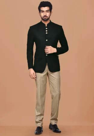 Textured Polyester Jacquard Jodhpuri Suit in Black