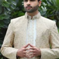 Woven Art Silk Jacket Style Sherwani in Cream and Off White