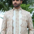 Woven Art Silk Jacket Style Sherwani in Off White