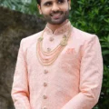 Woven Art Silk Sherwani in Light Peach