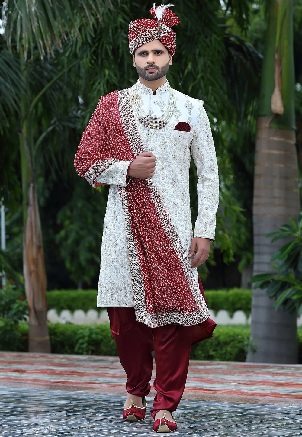 Woven Art Silk Sherwani in Off White