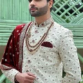 Woven Art Silk Sherwani in Off White