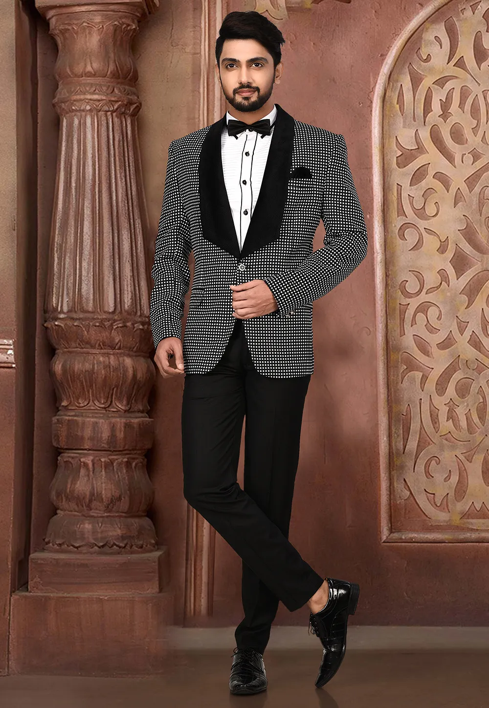 Woven Art Silk Tuxedo in Black and White