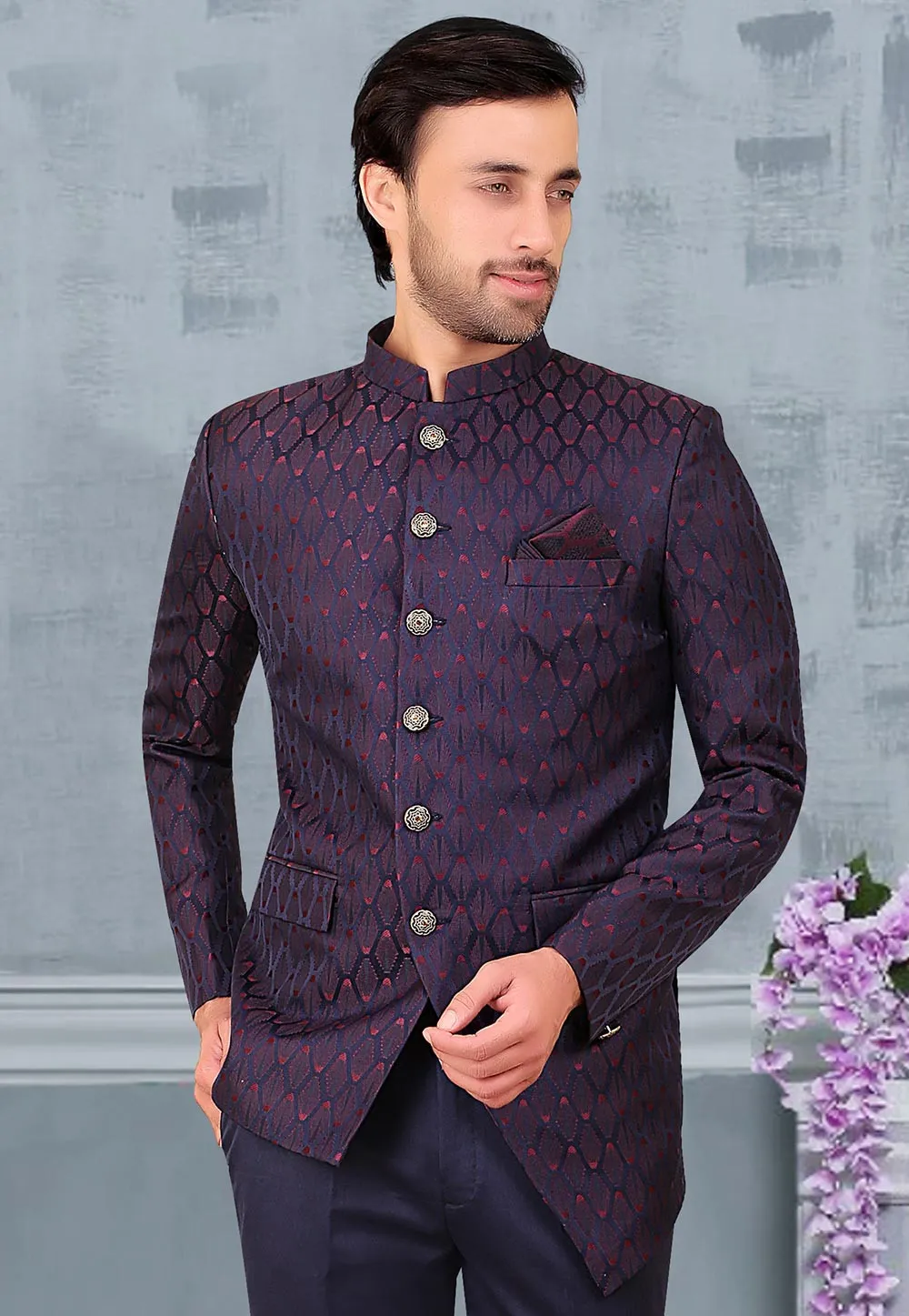 Woven Terry Rayon Jacquard Jodhpuri Jacket in Navy Blue